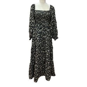 Elloh Black Romantic Floral Smocked Top Tiered Maxi Dress Size M
